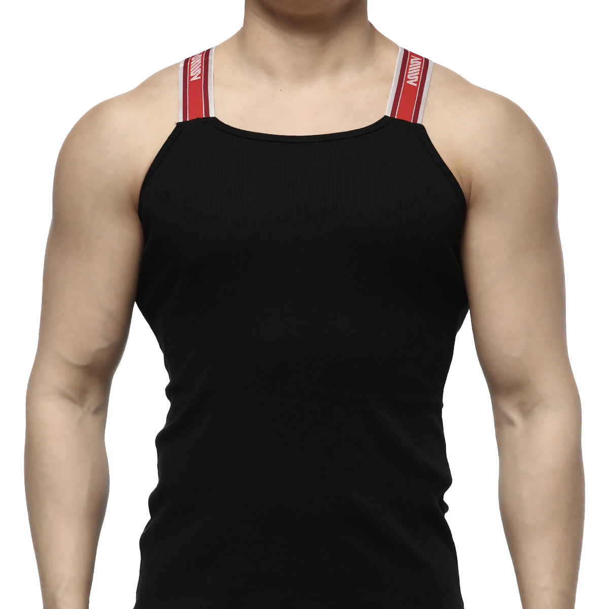 MetroMaleWear relaxed black tank top with red and white striped shoulder straps featuring a branded logo