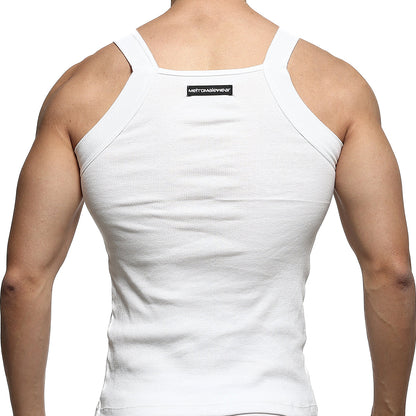 White ribbed square cut tank top with thin shoulder straps showing black metromalewear label at the back