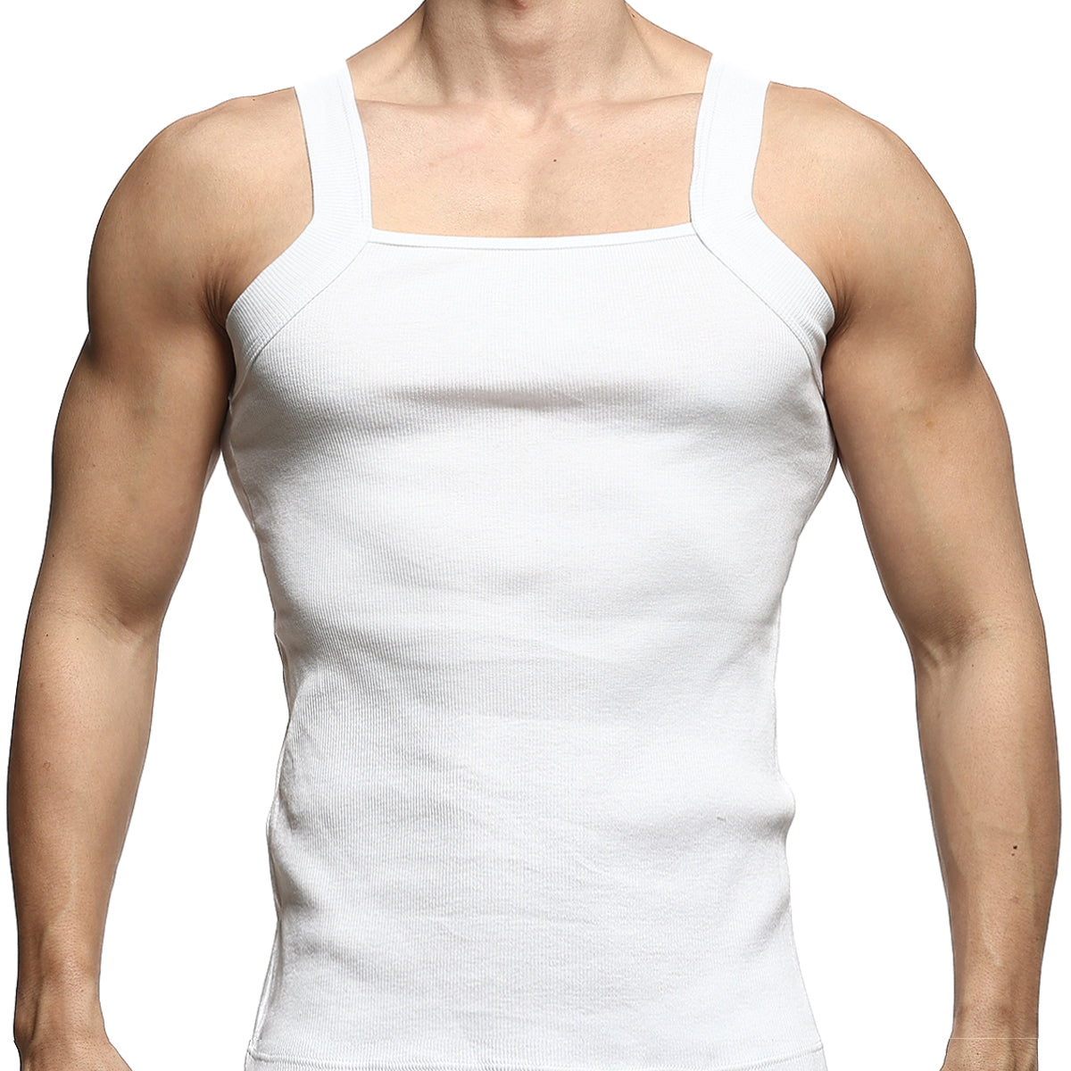 White ribbed cotton tank top with square neckline and wide shoulder straps by metromalewear model 3125-00