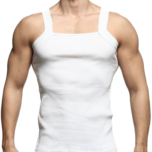 White ribbed cotton tank top with square neckline and wide shoulder straps by metromalewear model 3125-00