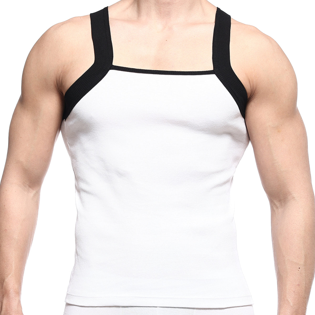 MetroMaleWear square cut tank top in white with black shoulder straps and a square neckline for casual wear