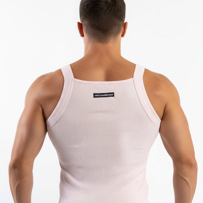 Back view of a metro malewear primo pink white ribbed tank top with thin straps and a small black label