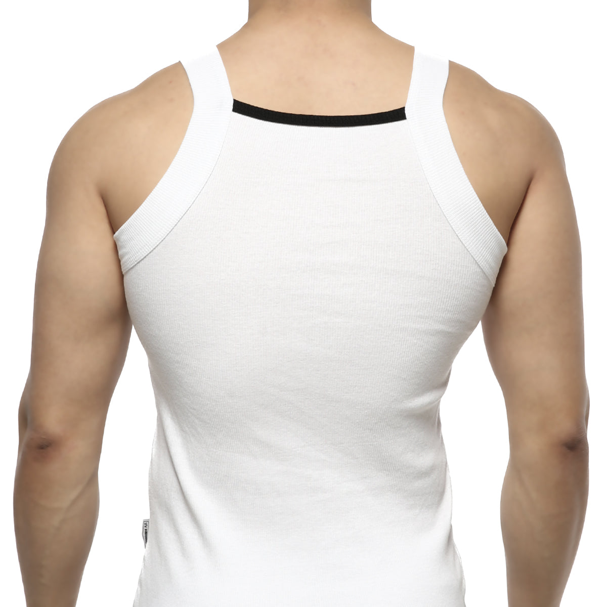 White ribbed MetroMaleWear Hummer tank top with black trim along the neckline for casual wear