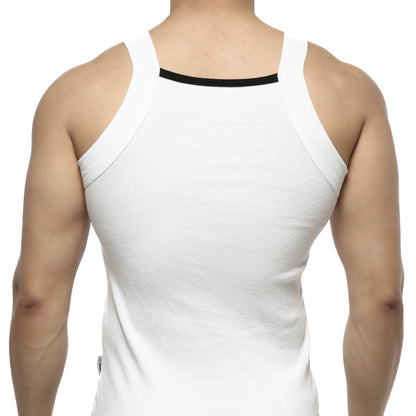 White ribbed MetroMaleWear Hummer tank top with black trim along the neckline for casual wear