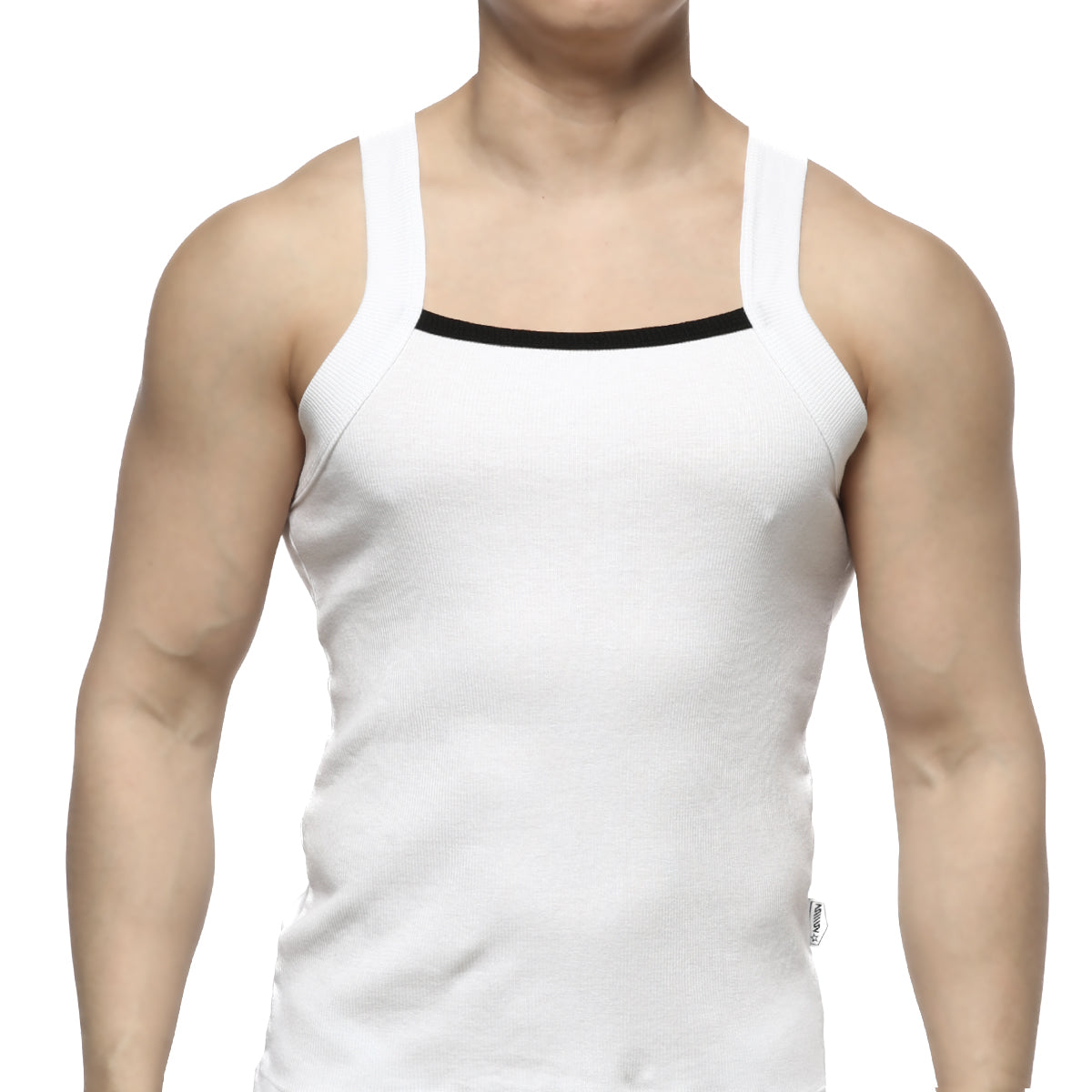 Metro malewear hummer tank top white ribbed cotton with black trim along neckline for casual wear