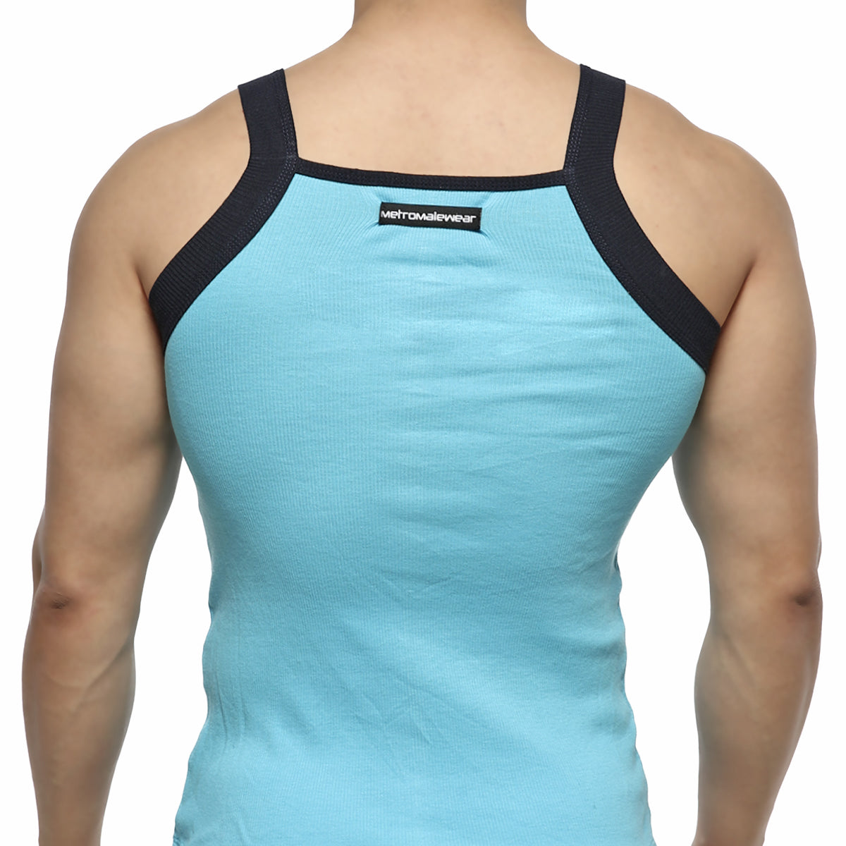 Back view of metro malewear turquoise square cut tank top with light blue ribbed fabric and black mesh shoulder straps