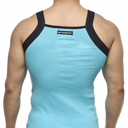 Back view of metro malewear turquoise square cut tank top with light blue ribbed fabric and black mesh shoulder straps