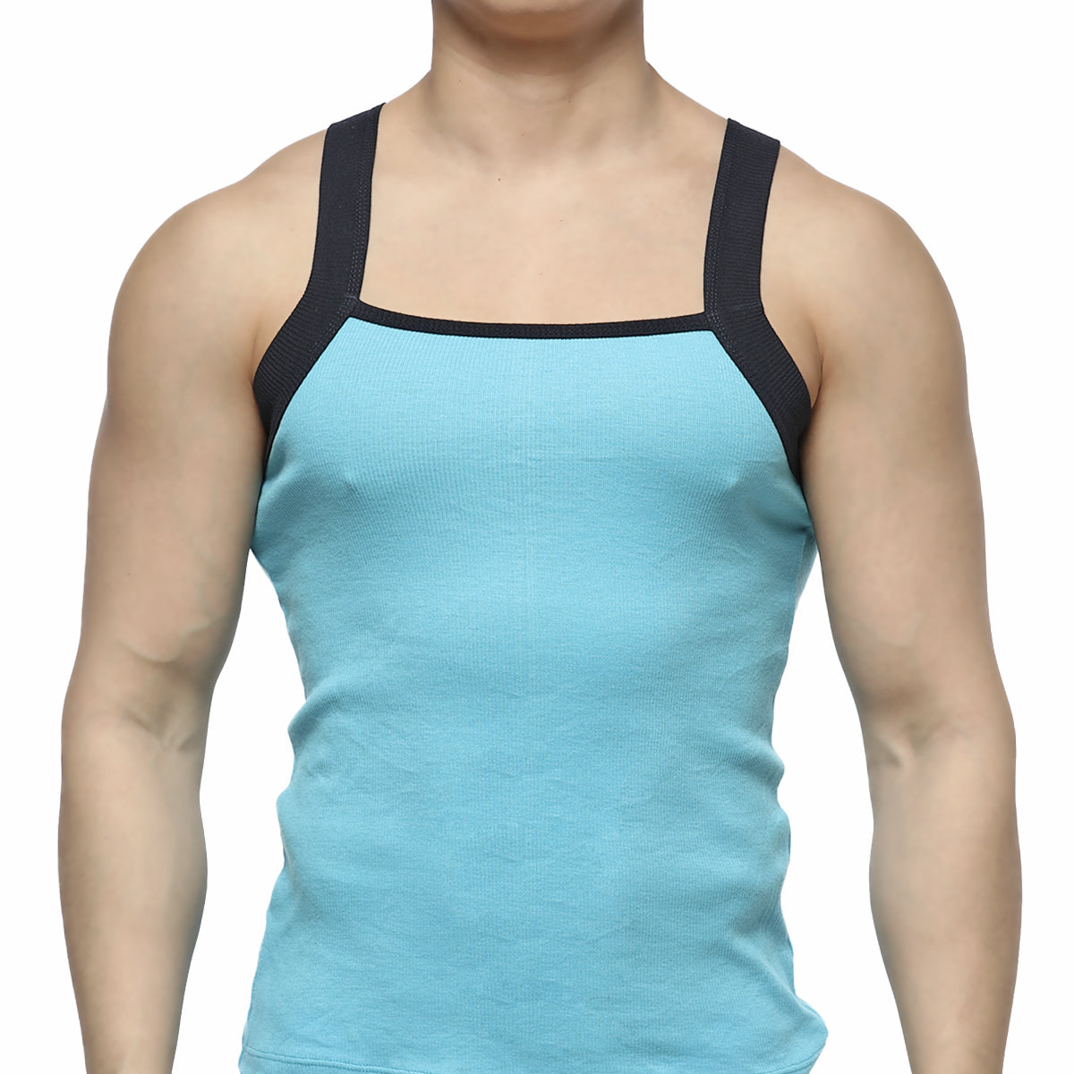 Light blue ribbed square cut tank top with black shoulder straps by MetroMaleWear for casual wear