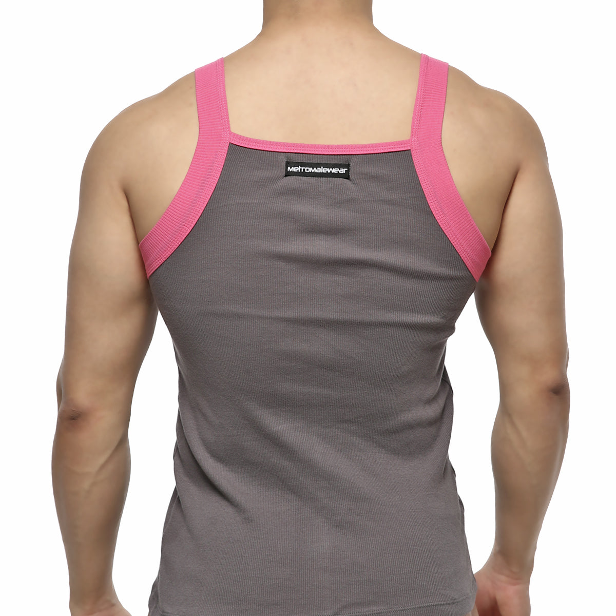 Back view of metroMaleWear square cut gray ribbed tank top with pink shoulder straps and black brand tag