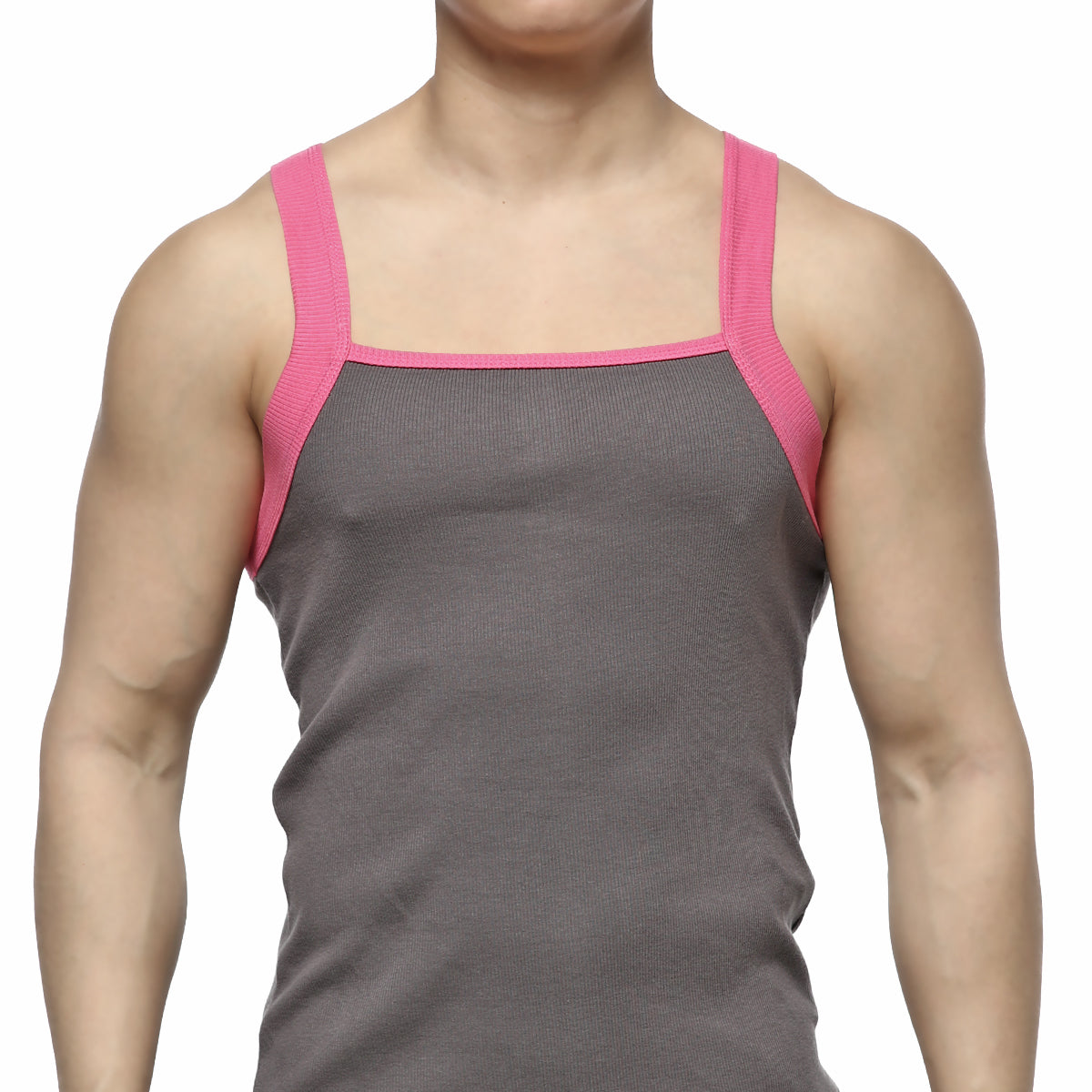 MetroMaleWear gray ribbed tank top with pink trim on straps and neckline square cut style for casual wear