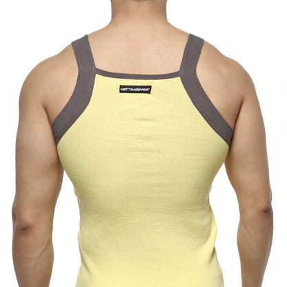 MetroMaleWear square cut tank top yellow with gray ribbed shoulder straps made for athletic wear