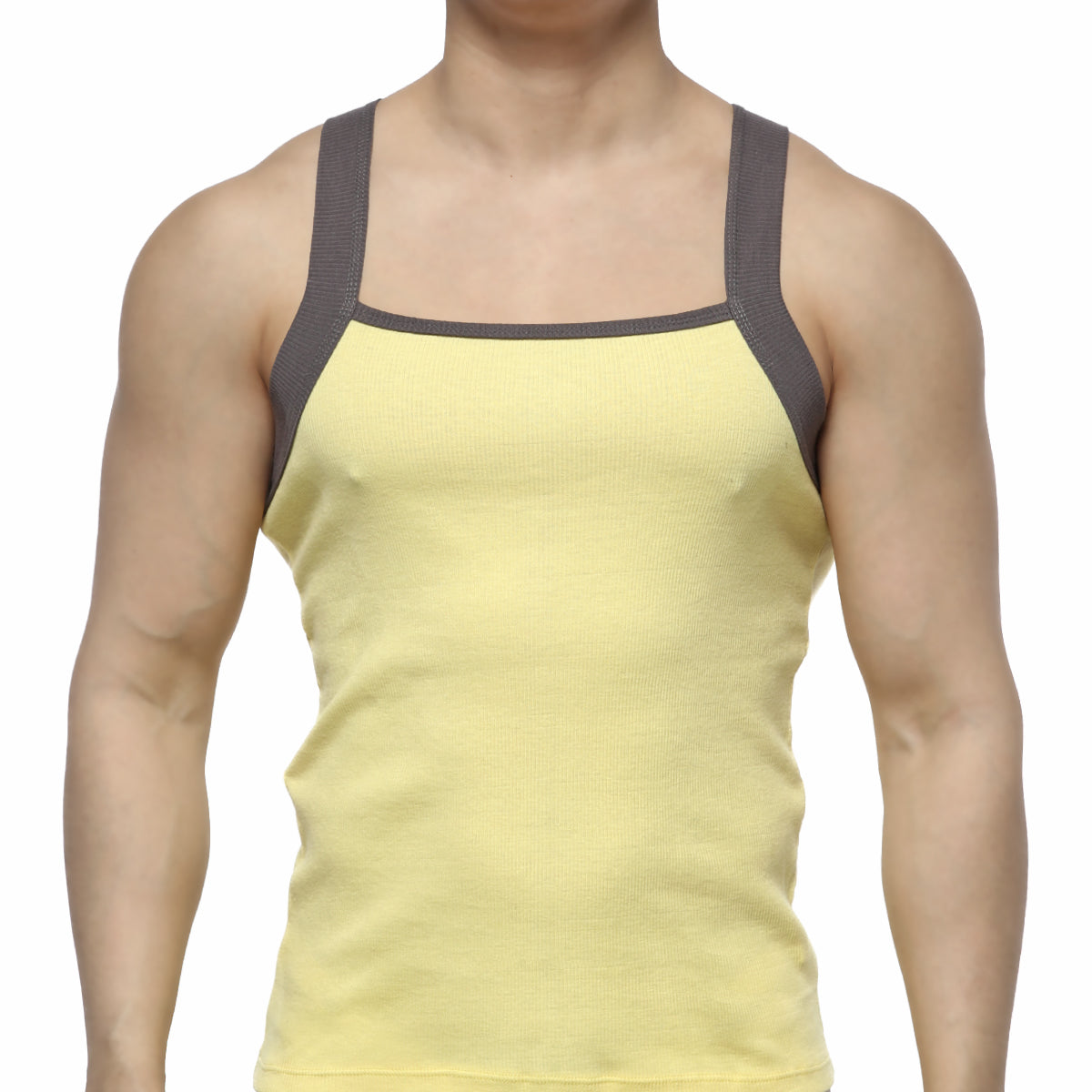 Yellow ribbed tank top with dark gray shoulder straps from MetroMaleWear square cut tank top collection