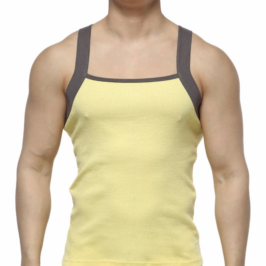 Yellow ribbed tank top with dark gray shoulder straps from MetroMaleWear square cut tank top collection