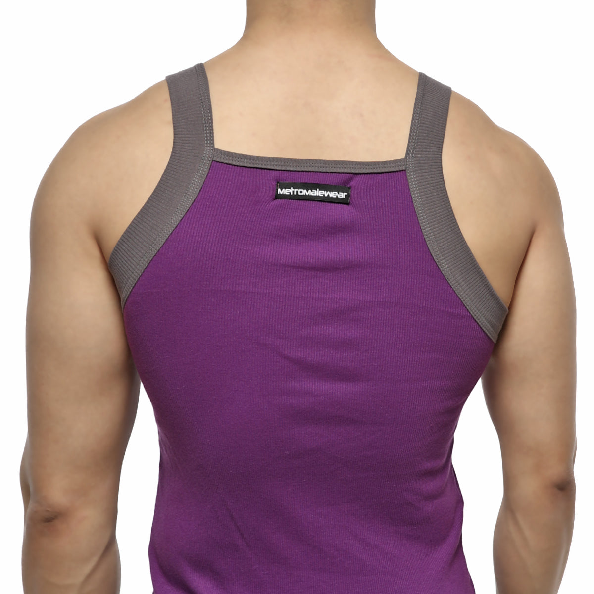 Purple ribbed square cut tank top with gray shoulder straps and black metromalewear brand label in front