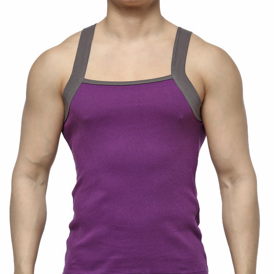 MetroMaleWear square cut tank top purple ribbed fabric with gray shoulder straps for casual wear
