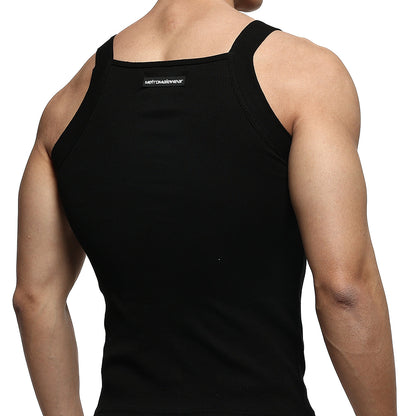 Black ribbed tank top with square neckline and shoulder straps showing metromalewear label at the back
