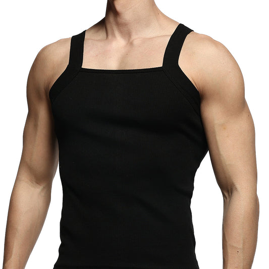 Black ribbed metro malewear tank top with square neckline and wide shoulder straps for casual wear