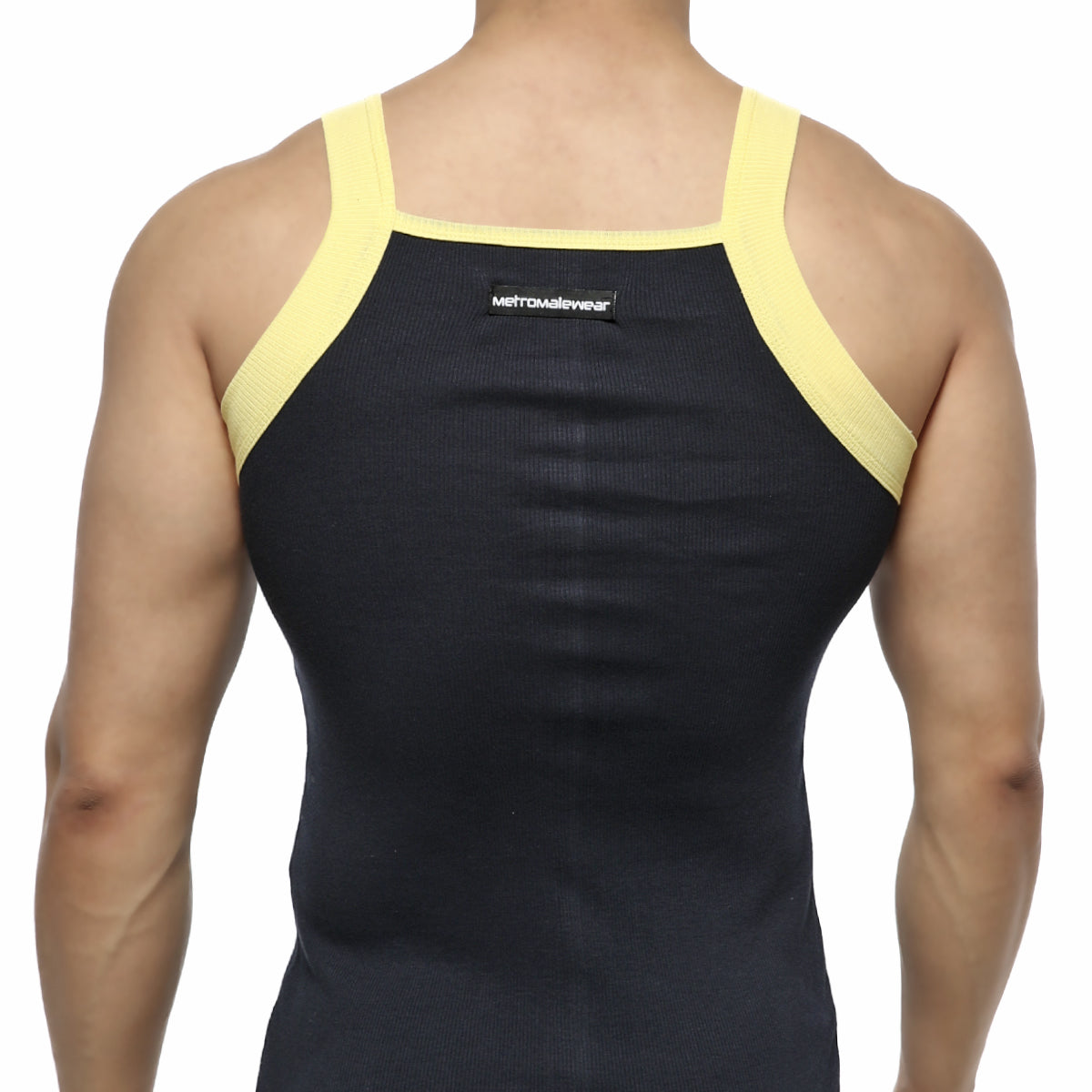 Black and yellow metroMalewear athletic tank top with ribbed fabric and square cut design for active wear