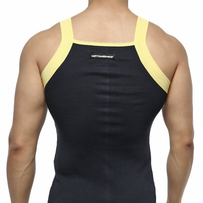 Black and yellow metroMalewear athletic tank top with ribbed fabric and square cut design for active wear