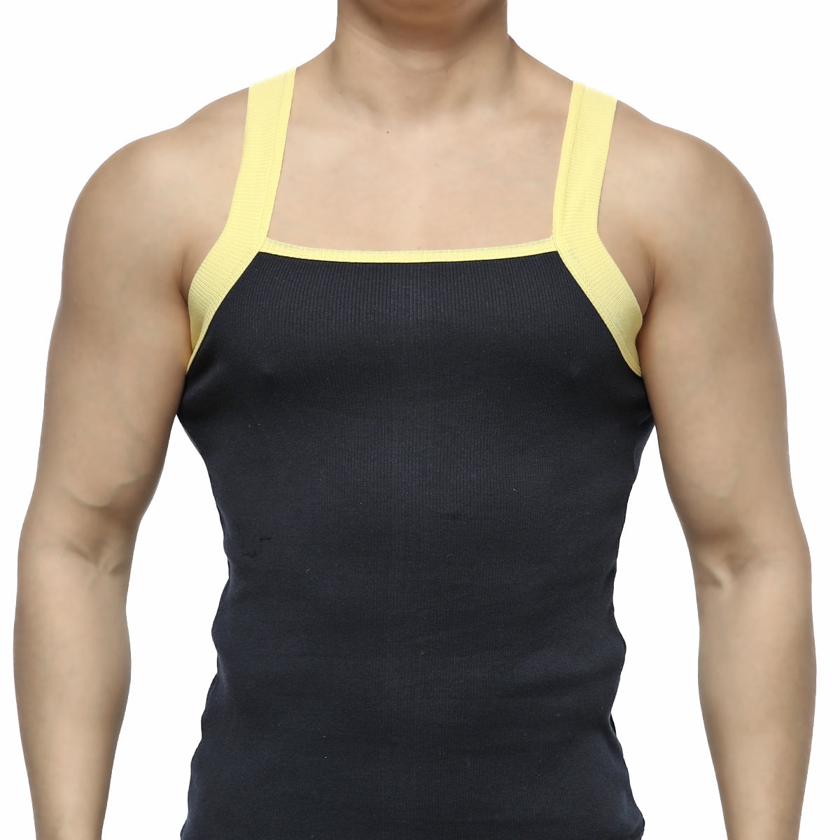 MetroMaleWear square cut tank top navy ribbed black with contrasting yellow shoulder straps for casual wear
