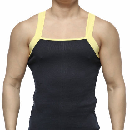 MetroMaleWear square cut tank top navy ribbed black with contrasting yellow shoulder straps for casual wear