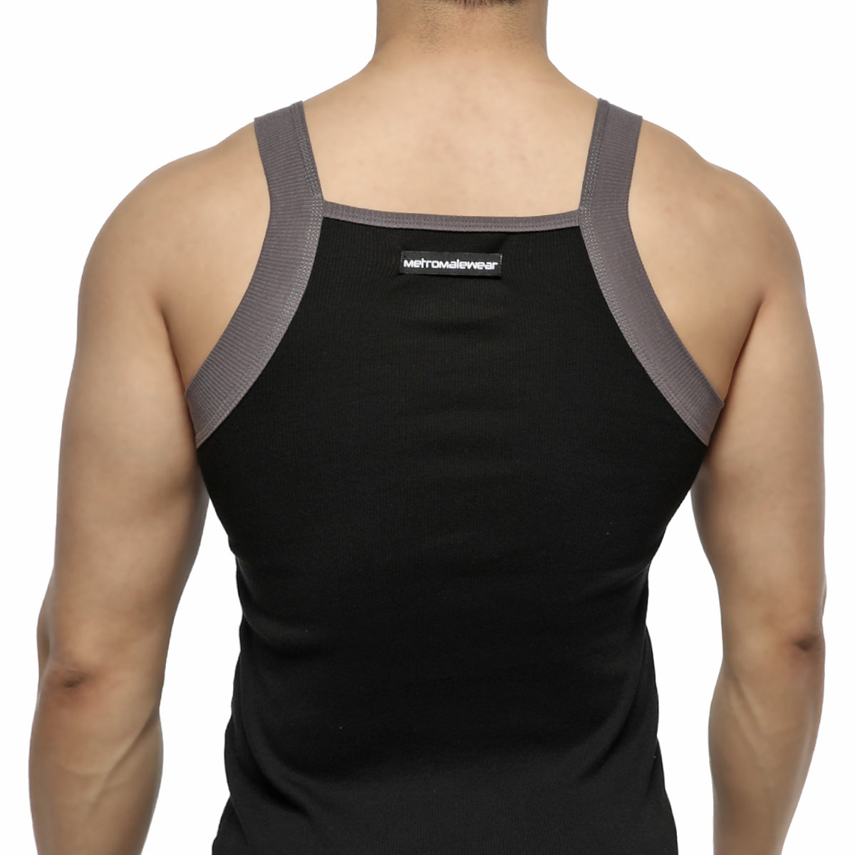MetroMaleWear square cut athletic tank top in black and gray with ribbed shoulder straps for activewear