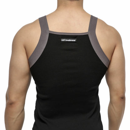 MetroMaleWear square cut athletic tank top in black and gray with ribbed shoulder straps for activewear