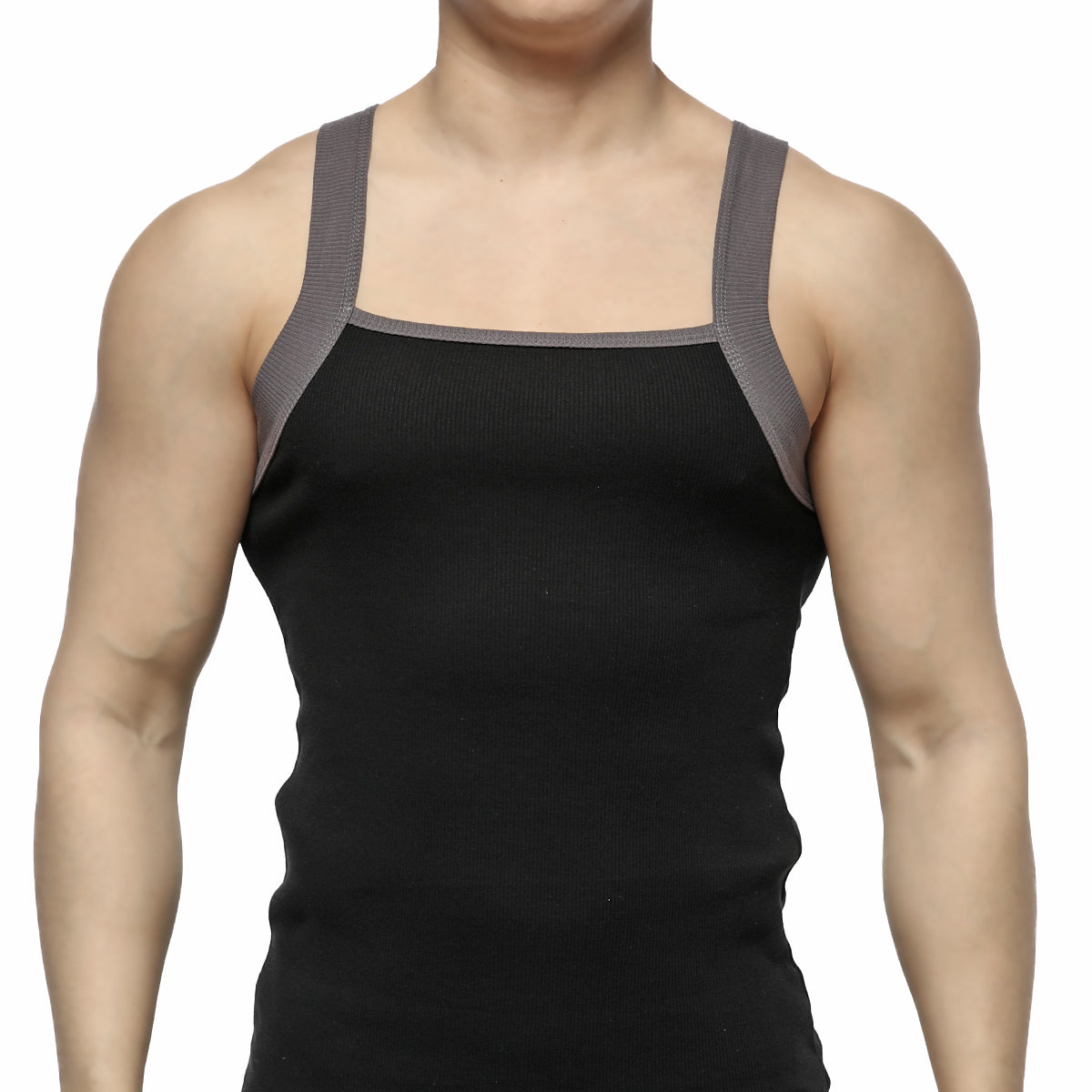 Black ribbed square cut tank top with gray reinforced shoulder straps by MetroMaleWear for casual wear