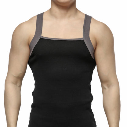 Black ribbed square cut tank top with gray reinforced shoulder straps by MetroMaleWear for casual wear