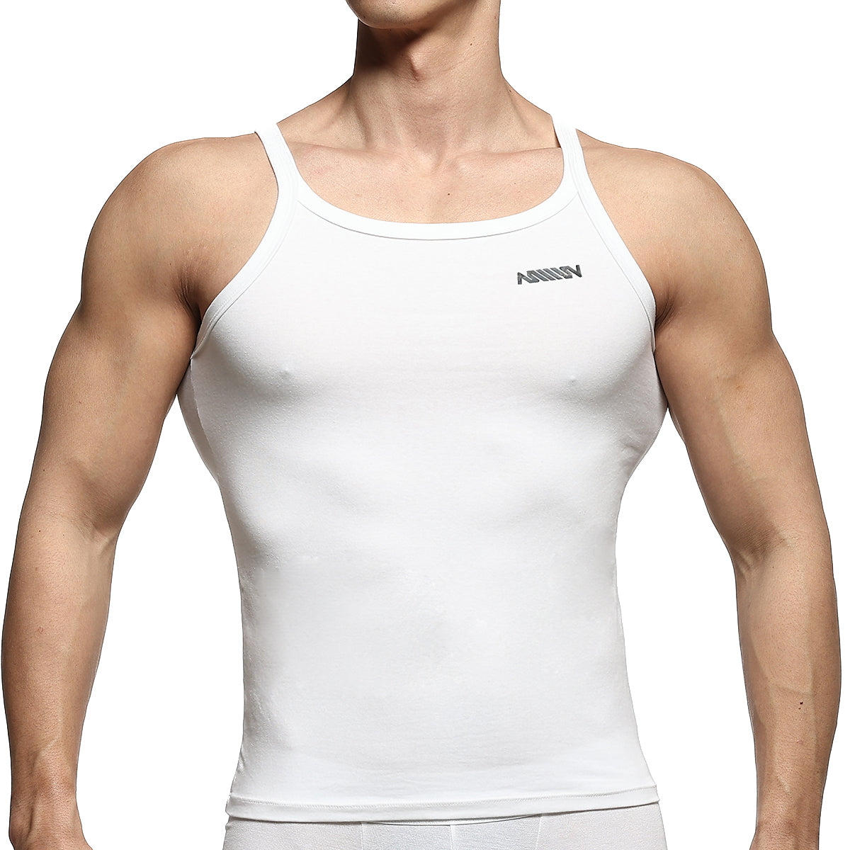 White form-fitting tank top with subtle gray logo on upper left chest from metromalewear modern tank top 3126-00