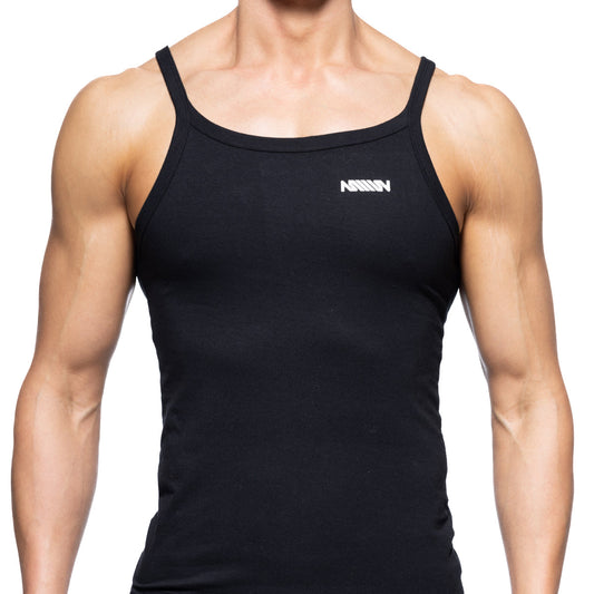Black sleeveless tank top with thin straps and white logo on chest from metromalewear modern tank top collection