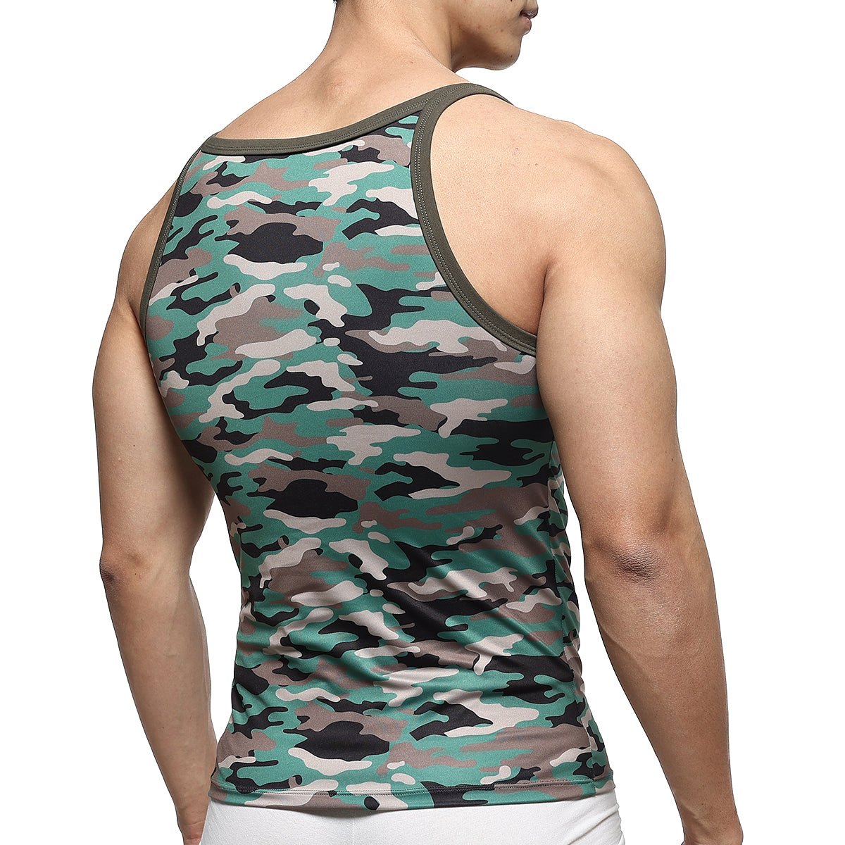 A men’s fitted tank top from metromalewear featuring a green brown and black camo pattern with olive green trim