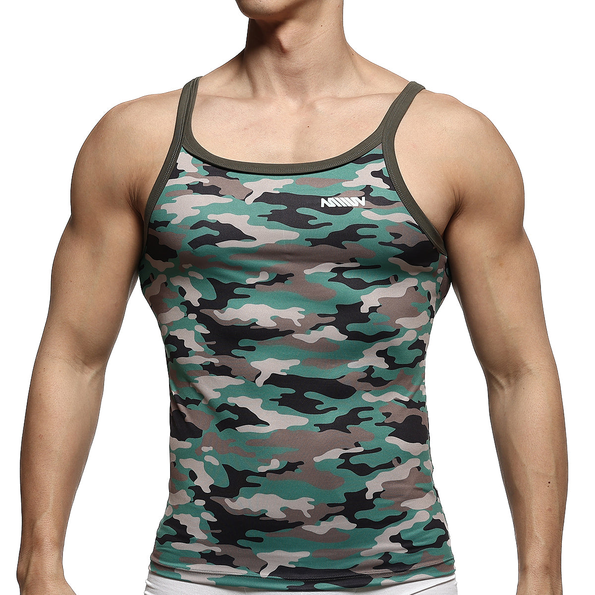 MetroMaleWear modern tank top camo 3126-60 green and black camouflage pattern with olive green trim