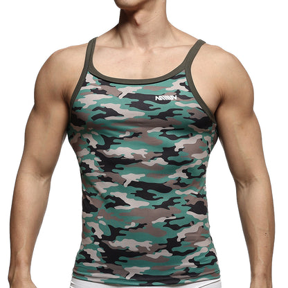 MetroMaleWear modern tank top camo 3126-60 green and black camouflage pattern with olive green trim