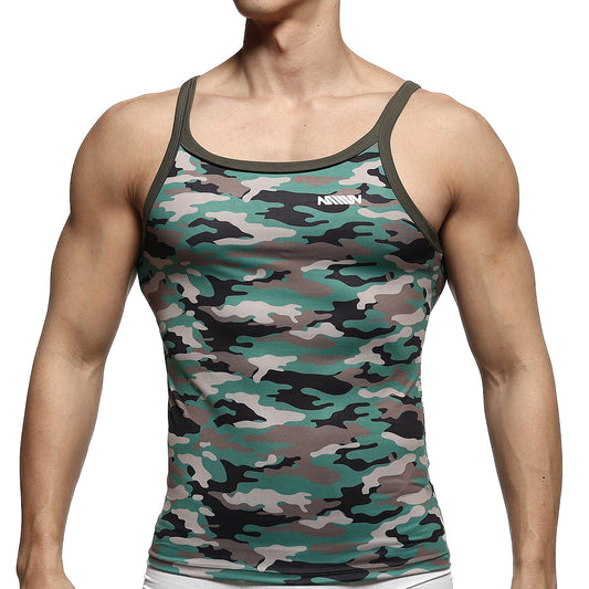 MetroMaleWear modern tank top camo 3126-60 green and black camouflage pattern with olive green trim