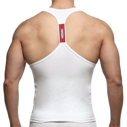 Back of white metroMalewear racerback tank top with red vertical stripe and mann logo in white lettering