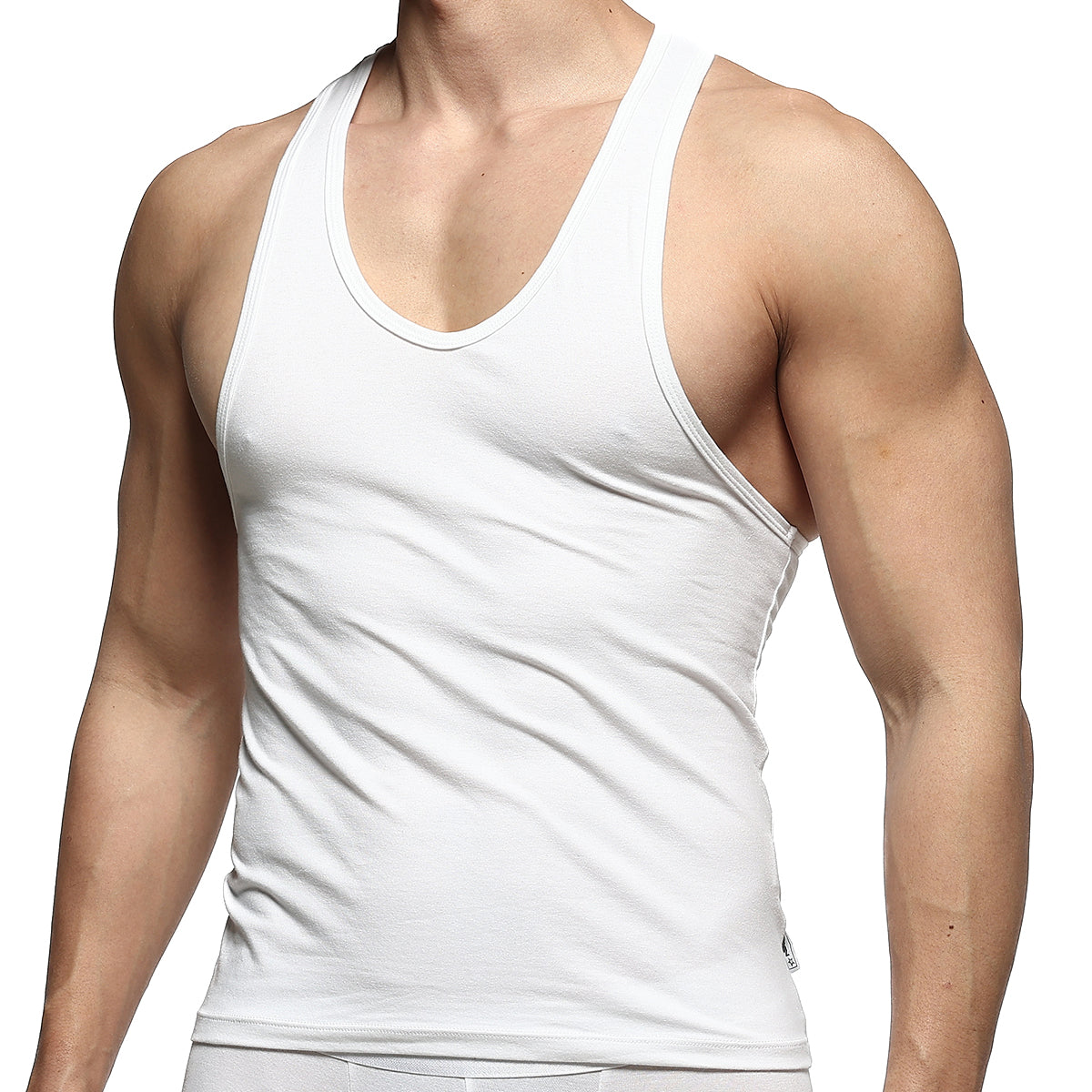 White cotton tank top with scoop neckline and ribbed trim from metromalewear logo tank top 3127-01