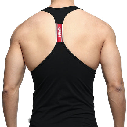 Black metro male wear racerback tank top with red and white vertical stripe on the back for casual wear