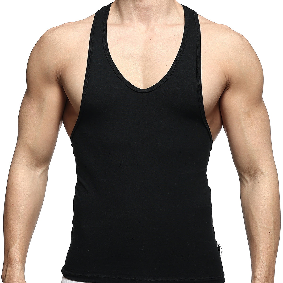 Black sleeveless MetroMaleWear tank top with deep v-neckline and ribbed trim for casual summer wear
