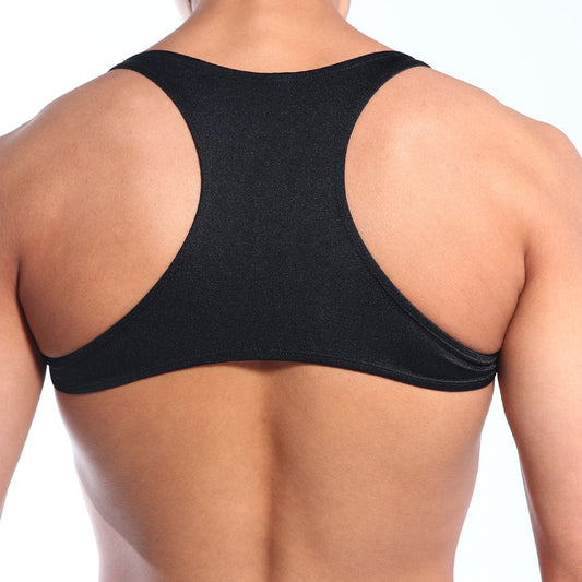 Black form-fitting sports bra with sleek textured fabric and wide shoulder straps shown from the back metroMalewear