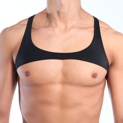Black form-fitting tank top with wide shoulder straps and scoop neckline by MetroMaleWear, back view