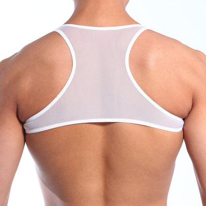 White mesh sports bra metro male wear top y 3129-70 with thin supportive straps and seamless back design shown from back