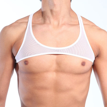 White mesh tank top with thin straps and rounded neckline from MetroMaleWear top y white mesh 3129-70