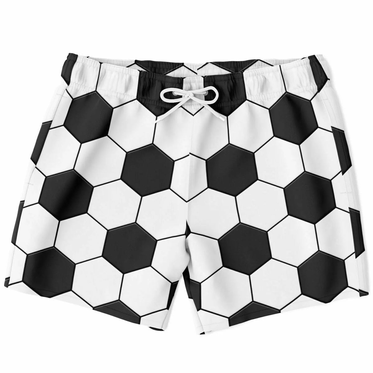 Black and white hexagonal patterned swim shorts by Maris Equi featuring an elastic waistband and drawstring closure.