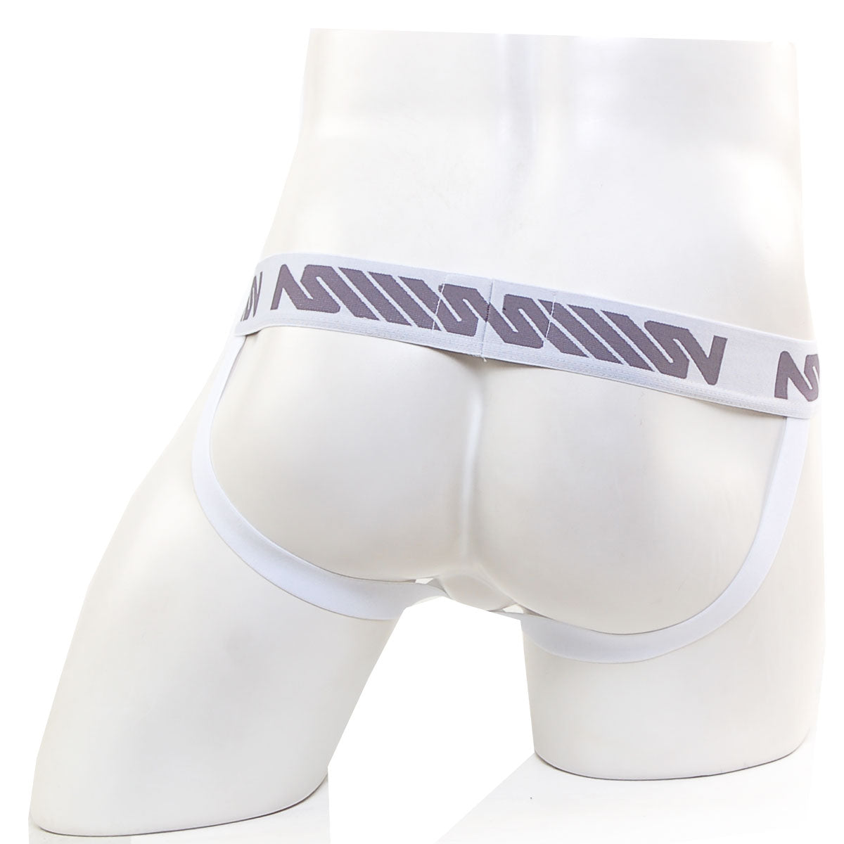 White men’s briefs with gray patterned waistband featuring stylized lettering from MetroMaleWear pocket jock strap pine green collection