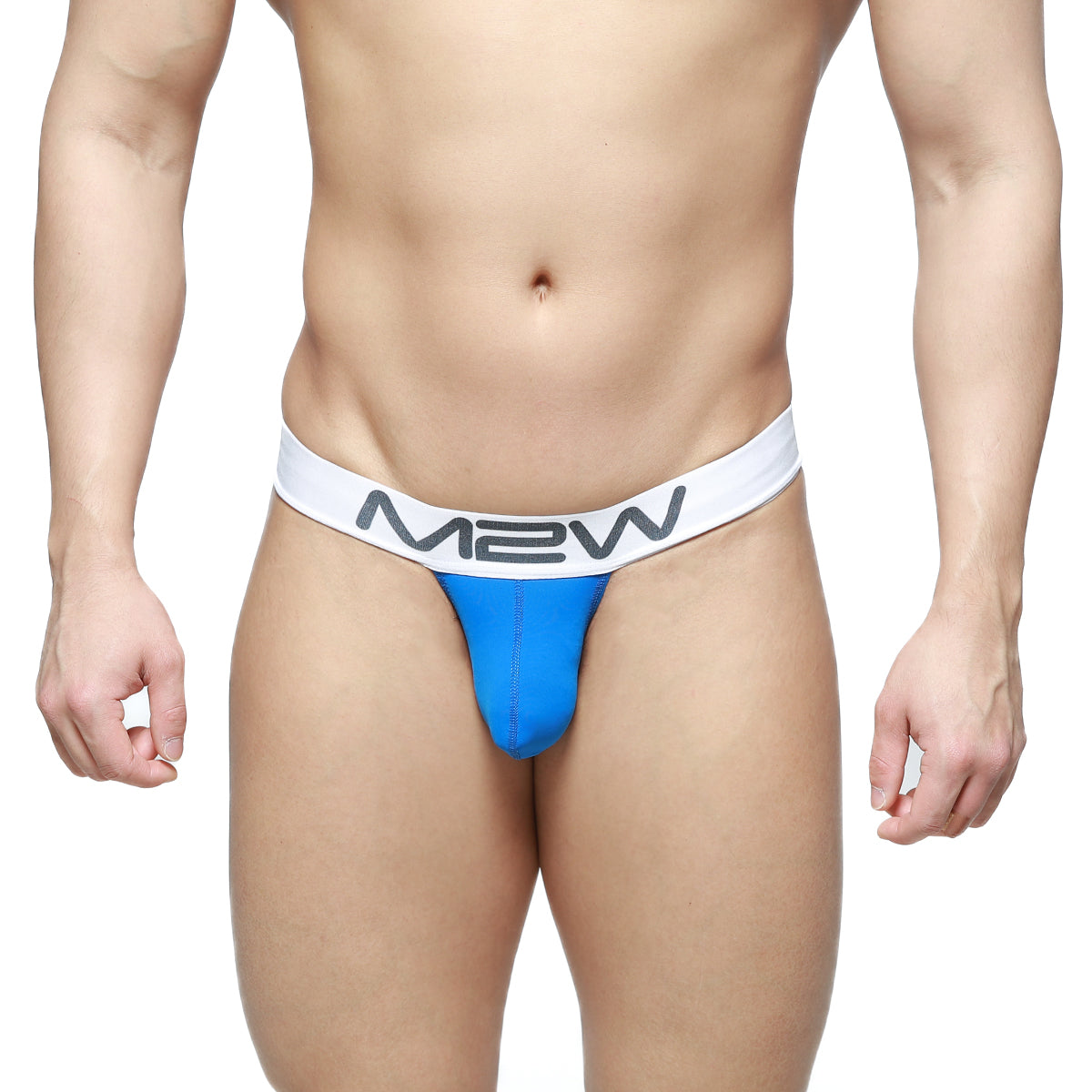 Blue m2w brand briefs with a white waistband and gray m2w logo metro male wear m2w pocket thong azul 3202-18