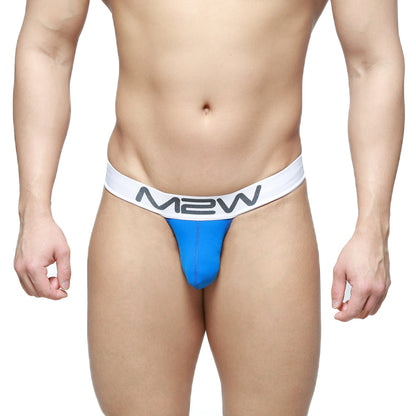 Blue m2w brand briefs with a white waistband and gray m2w logo metro male wear m2w pocket thong azul 3202-18