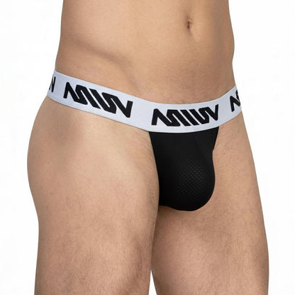 MetroMaleWear Max Thong black 3202-21 with mesh front panel and white elastic waistband featuring bold black lettering
