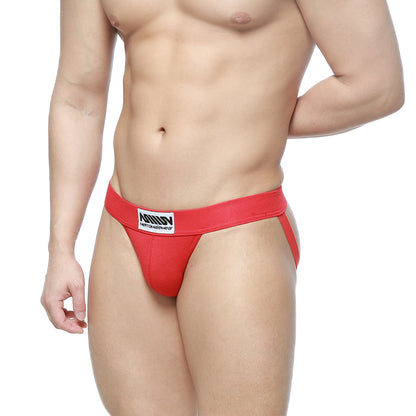 Red metroMalewear deseo jock strap briefs with white ashlin label and next malewear text for athletic use