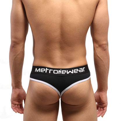 Black metronewear briefs with white trim and branding from metro malewear hat thong white 3302-20 collection